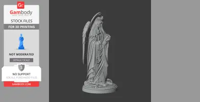 A 3D printable statue of Saint Alice of Schaerbeek, featuring detailed robes and wings, holding a cross.