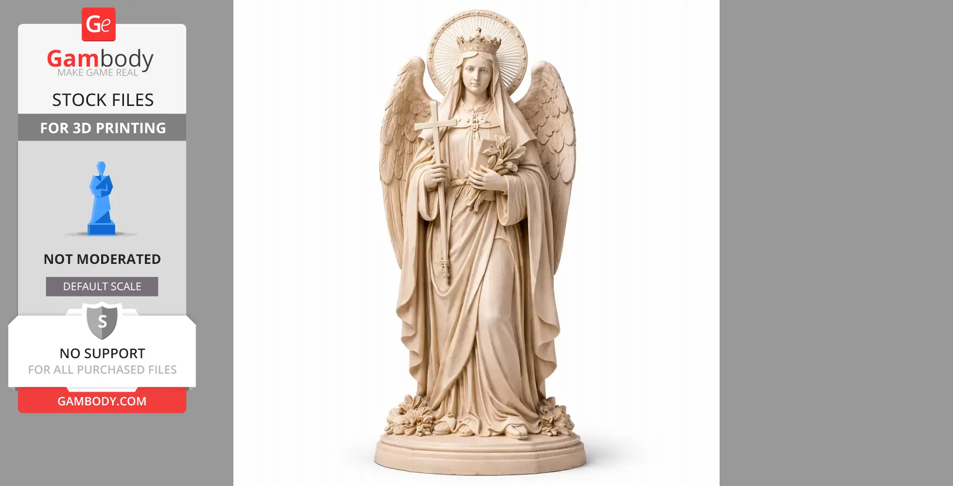A detailed statue of a saint with wings, holding a cross and flowers, standing on a decorative base.