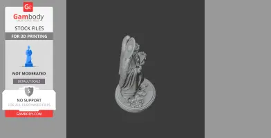 Intricate 3D statue of a winged figure holding flowers, wearing a halo, standing on a detailed base.