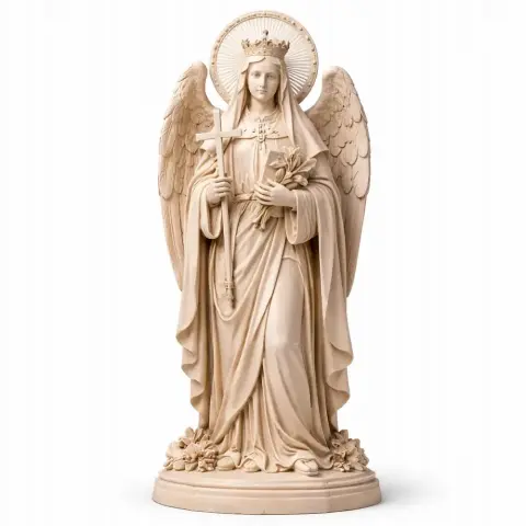 A detailed statue of a saint with wings, holding a cross and lilies, wearing a crown and halo.