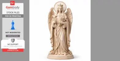 A detailed statue of a saint with wings, holding a cross and flowers, standing on a decorative base.