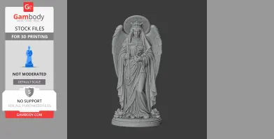 A detailed 3D statue of a winged figure, holding a cross and lilies, with a halo and flowing robe.