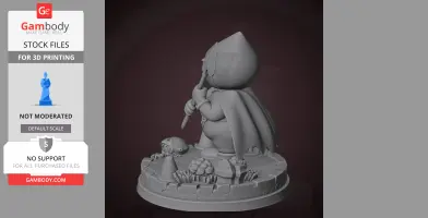 A 3D model of a character with a cape and spear on a textured base, surrounded by small objects.