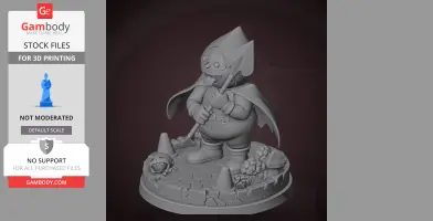 A whimsical character with a cape and spear, standing on a textured base with rocks and cones.