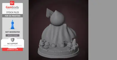A 3D model of a character with a teardrop head and cape standing on a detailed stone base.