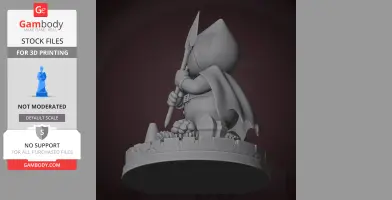 A 3D model of a cloaked character holding a spear, standing on a detailed base with rocks and structures.