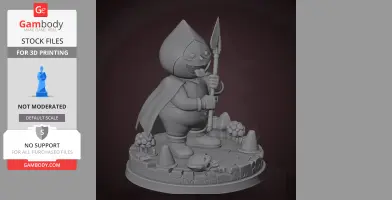 A 3D model of a cartoon character with a spear, wearing a cape, on a decorative base with rocky details.