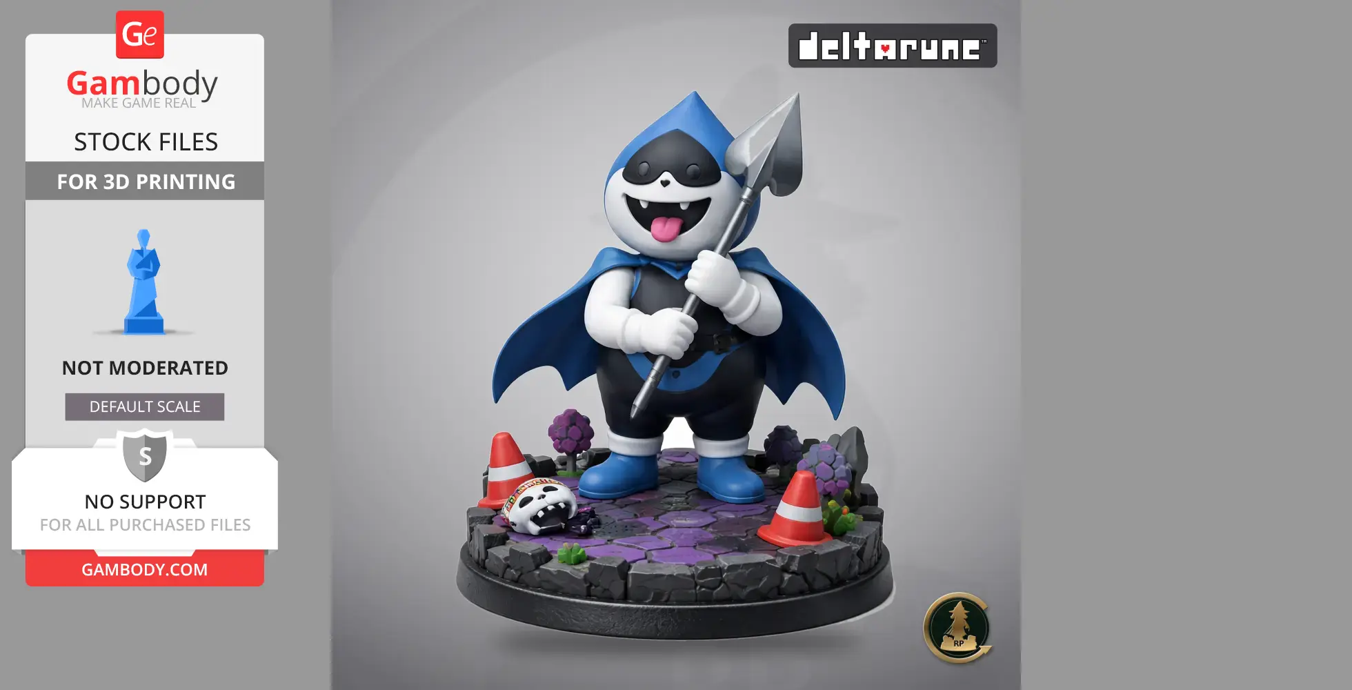 A 3D model of a cartoon character in blue, holding a lance, standing on a decorative base.