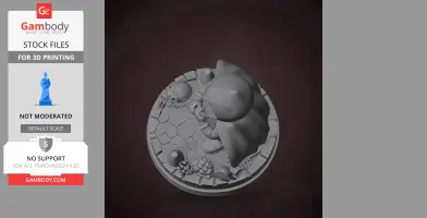 3D model of a cloaked character on a hexagonal tiled base with a skull and various objects.