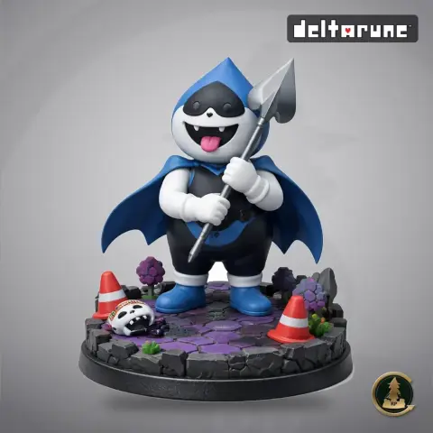 Cartoonish figure with a blue cape and a spear, standing on a stone-like base with traffic cones.