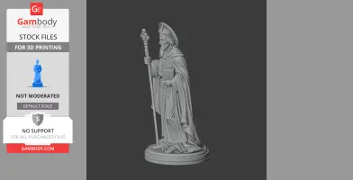 A detailed statue of Saint Alkmund holding a staff and book, wearing a cloak, ready for 3D printing.
