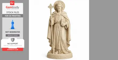 A detailed 3D model of Saint Alkmund holding a staff and book, wearing a robe, with a halo above.