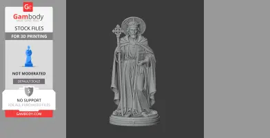 A 3D model of a saintly figure with a halo, holding a staff and book, wearing detailed robes.