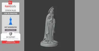A 3D printable statue of Saint Alkmund, in detailed robes, standing on a round base.
