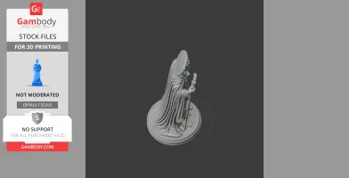 3D model of a cloaked figure with a halo, holding a staff, standing on a circular base.