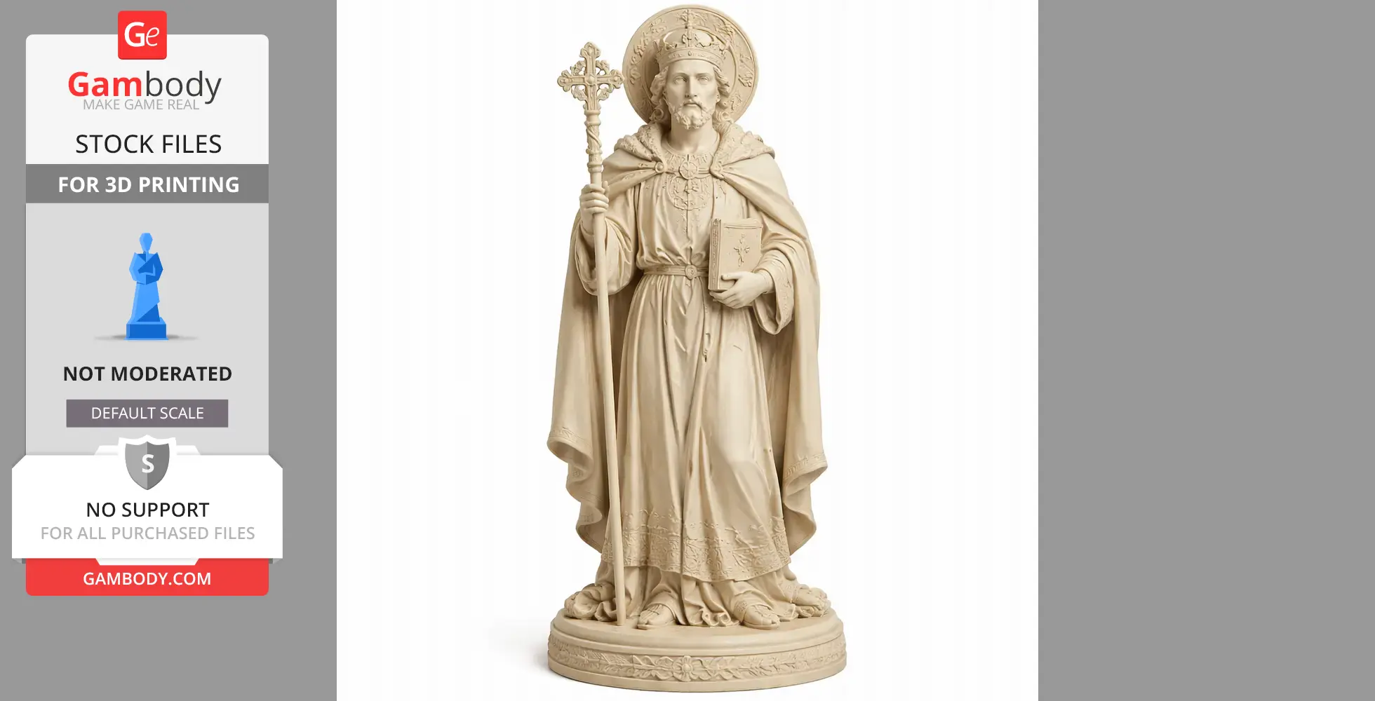 A detailed 3D model of Saint Alkmund holding a staff and book, wearing a robe, with a halo above.