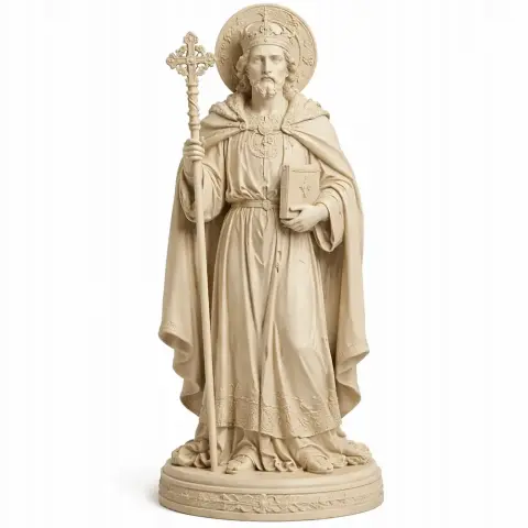 A detailed statue of Saint Alkmund holding a staff and book, wearing a richly adorned robe and halo.