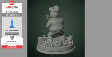A 3D model of a chef holding a pizza cutter, surrounded by food items on a round base.