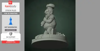 Chef character figure with rolling pin, apron, and round base, in a stylized 3D print model.