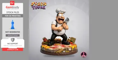 Cartoon chef holding a pizza cutter, standing on a pizza-themed base with various toppings.
