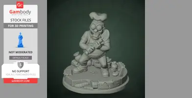 Cartoonish chef figure with a rolling pin, standing on a detailed base with culinary items.