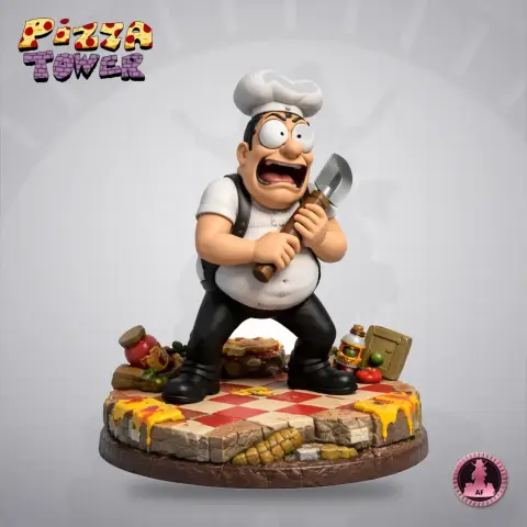 A cartoonish chef figure with a chef hat, holding a cleaver, stands on a pizza-themed base.