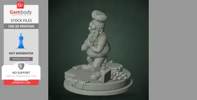 Cartoonish chef figure with pizza elements, on detailed base, designed for 3D printing.
