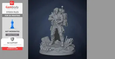 A detailed 3D model of an armored character with a backpack, standing on a scenic base with tech and foliage.