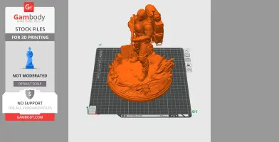 A detailed 3D model of a character in a suit holding equipment, standing on a textured base.