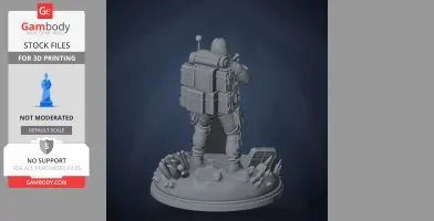 A detailed 3D figure of a character with a large backpack, standing on a textured base with scattered items.