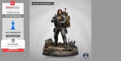A detailed character figure of Sam Porter Bridges from Death Stranding, holding gear on rugged terrain.