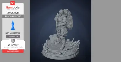 A detailed 3D model of a character with gear and packages on a scenic base, designed for 3D printing.