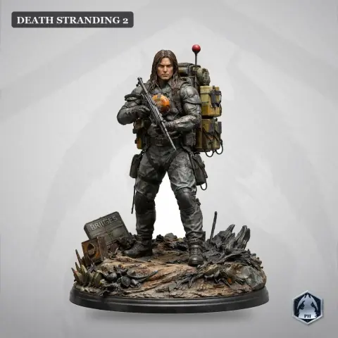 A detailed 3D model of a character in rugged gear with a backpack and equipment, standing on a rocky base.