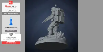 A 3D model of a character in gear with a large backpack, standing on a detailed base.