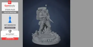 A detailed 3D model of a rugged adventurer with gear and a base with environmental details.