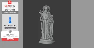 A 3D model of a Saint in robes holding a cross and book, standing on a decorative pedestal.