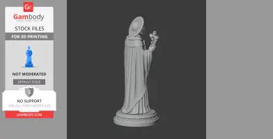 A 3D model of a robed figure holding a cross, wearing a hat, on a decorative base.