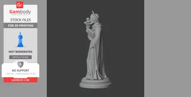 A statue of a robed figure with a hat holding a book and crucifix, standing on a detailed base.