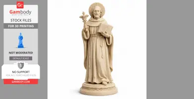 A 3D printed statue of a saint holding a book and a cross-shaped object, wearing robes and a halo.