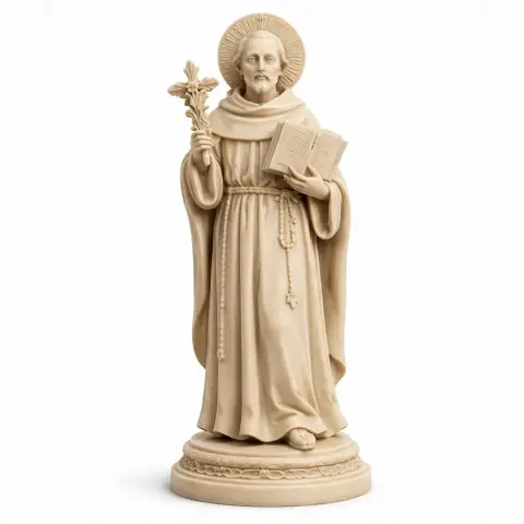 A 3D model of a robed saint holding a book and flowers, standing on a decorative pedestal.