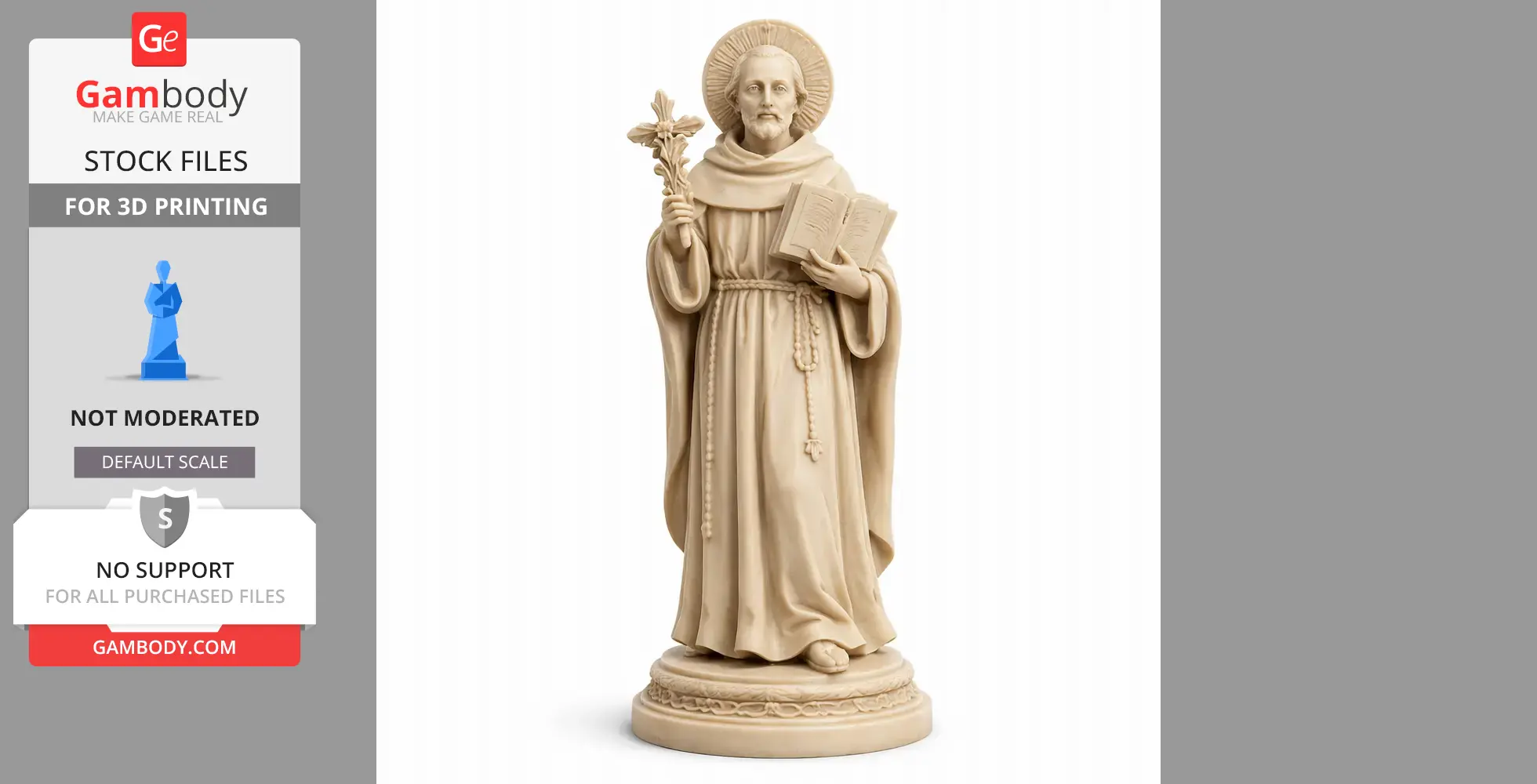 A 3D printed statue of a saint holding a book and a cross-shaped object, wearing robes and a halo.