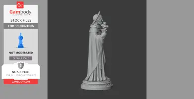 A gray 3D model of a saint holding a cross and rosary, standing on a detailed circular base.