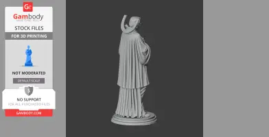 Gray statue of a robed figure with halo, standing on a round base, side view.