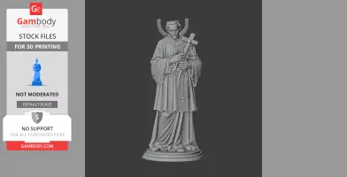 A 3D printable statue of a robed figure holding a cross and rosary, standing on a pedestal.