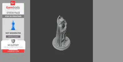 A detailed 3D model of a robed figure with halo, standing in a prayerful pose on a round base.