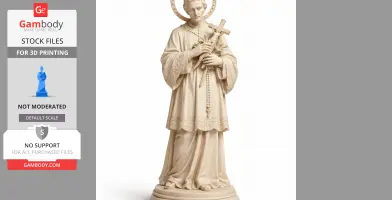 Devotional statue of Saint Aloysius Gonzaga holding a cross, wearing detailed robes, standing on a round base.