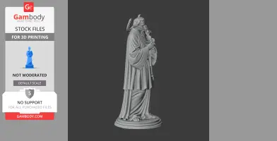 A detailed 3D printed statue of a standing man in robes holding a cross, on a circular base.