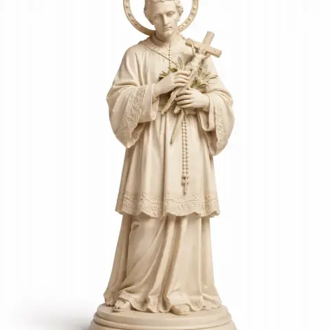 A devotional statue of Saint Aloysius Gonzaga holding a cross and rosary with a halo.