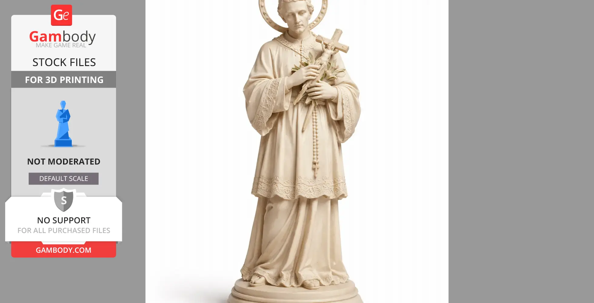 Devotional statue of Saint Aloysius Gonzaga holding a cross, wearing detailed robes, standing on a round base.