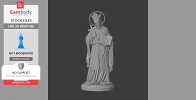 A detailed 3D printable statue of Saint Alphonsus Liguori, holding a cross and open book.
